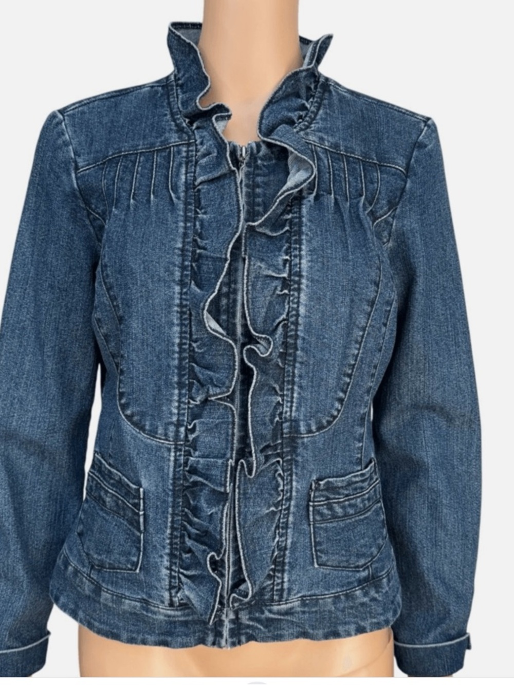 Christiana Zinn Denim Ruffle Zip Jacket
